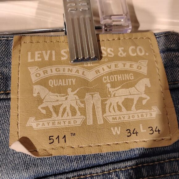 Levi's 511 jeans mens 34x34 blue denim distressed light wash stretch slim fit - Picture 4 of 10